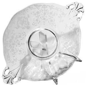 Fostoria VTG Glass Baroque Etched Chintz Handled Cake Plate Platter Dish 13.5”